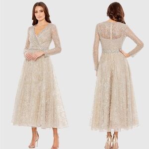 Mac Duggal 20366 Nude Embellished Wrap Over Long Sleeve Dress Size 14 NWT Taupe